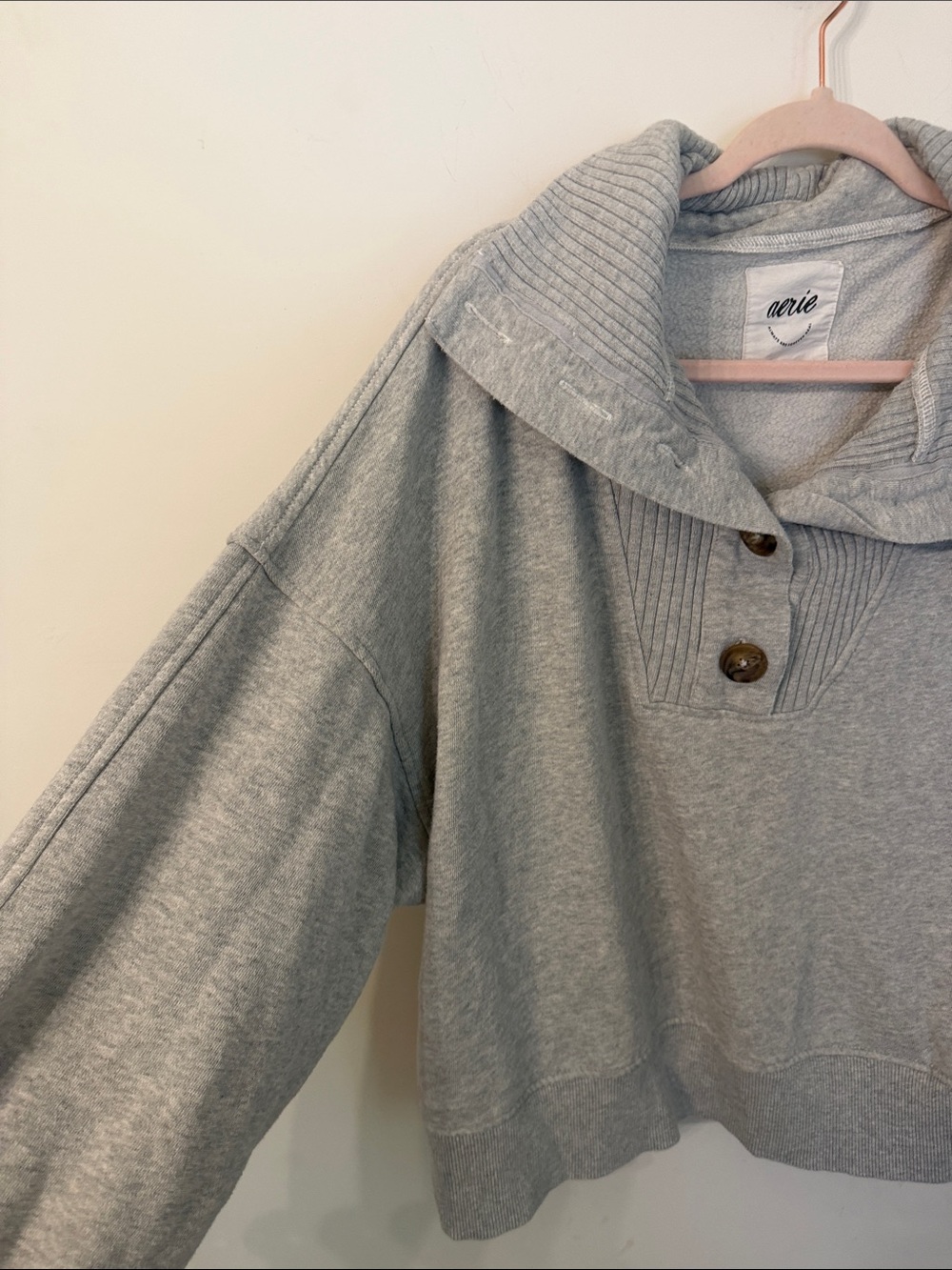 aerie Best Button Light Gray Funnel Collar Pullover with Button - Picture 5 of 5